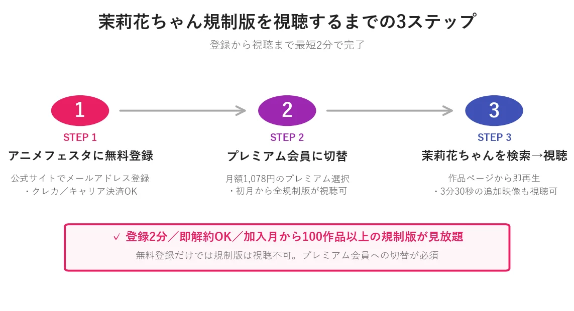 茉莉花ちゃん規制版を視聴するまでの3ステップフロー図