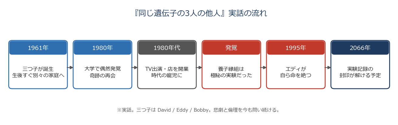同じ遺伝子の3人の他人の実話の時系列（別離から再会・悲劇・記録封印まで）